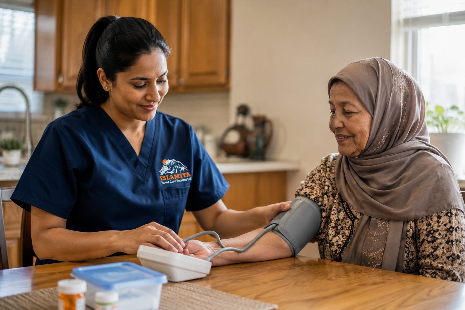 Home care nurse assisting a client at home