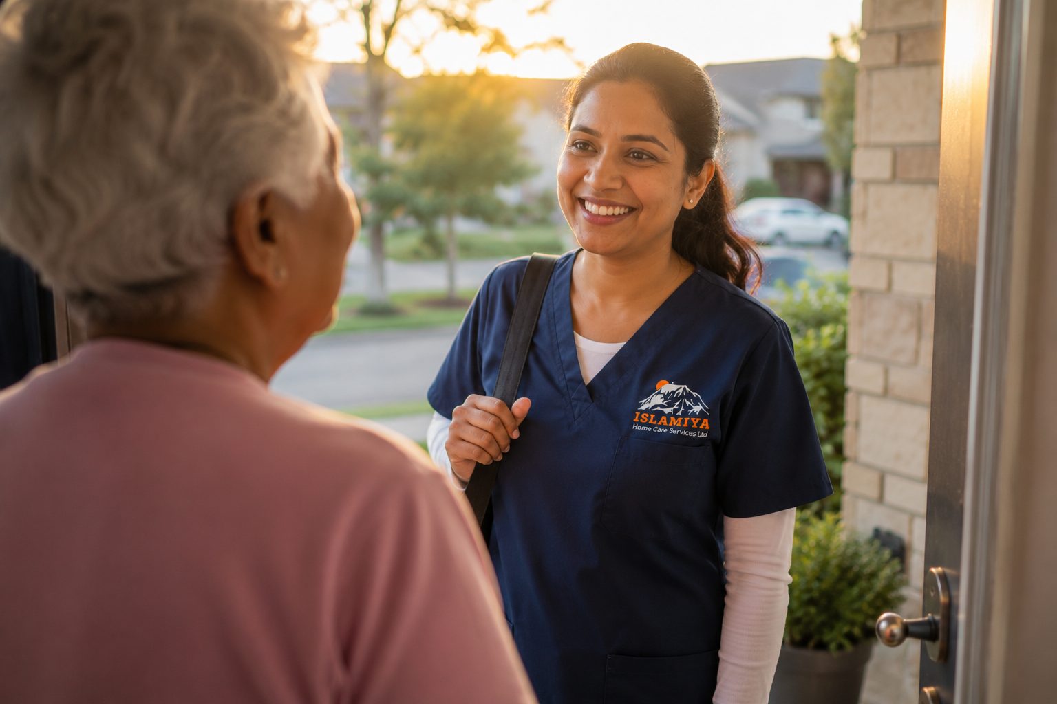 Caregiver welcoming a client at the front door